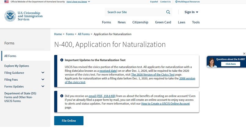 在哪里可以在线填写美国入籍申请？-2025 美国入籍考试练习 - 100/128题中英文对照模拟测试